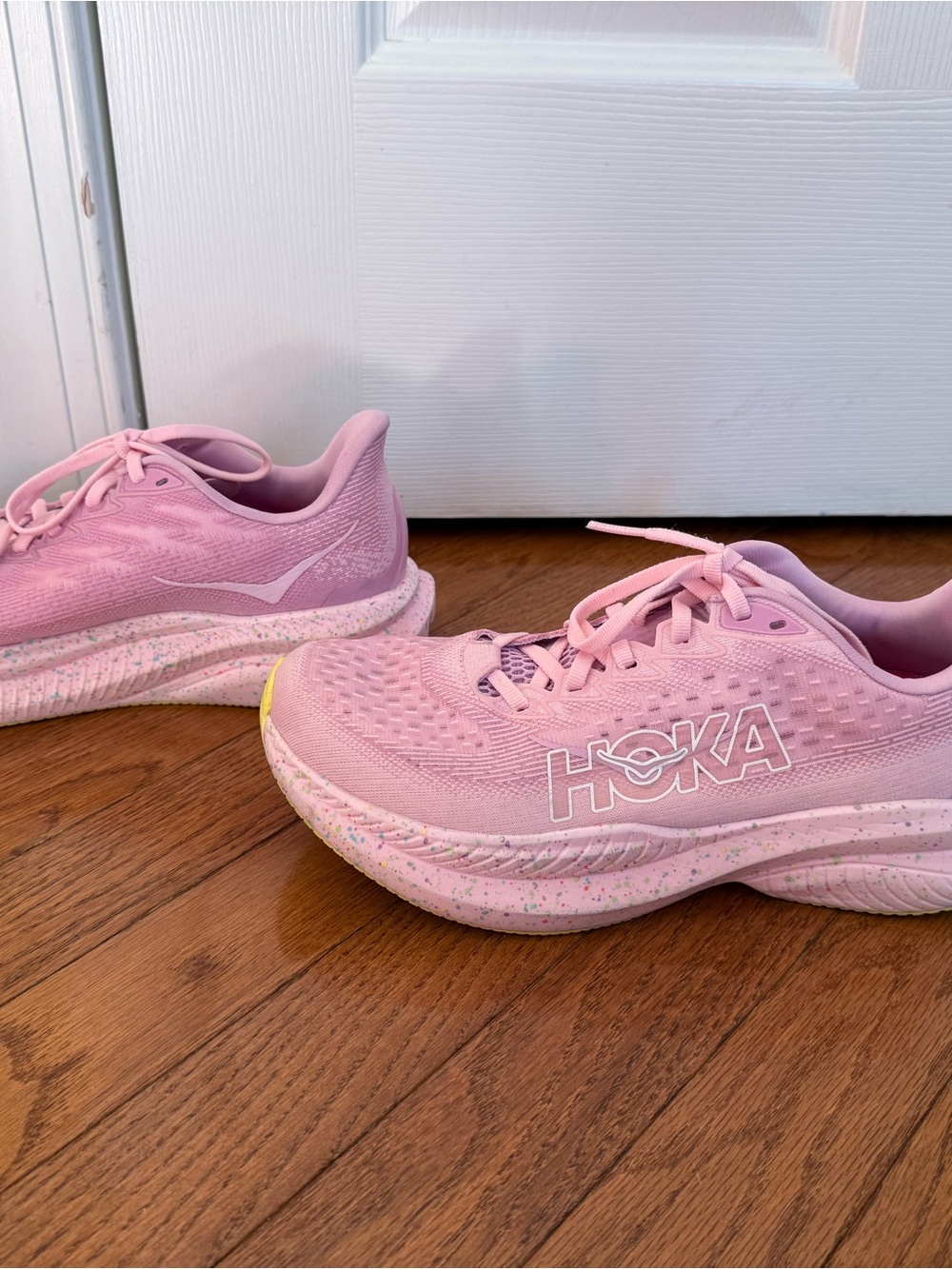 Hoka Women's Mach 6 Pink Running Shoes with Yellow Toe Accents - Picture 5 of 7